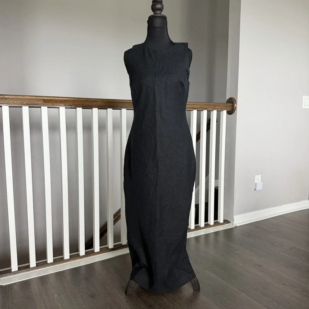 Abercrombie & Fitch NWT Linen Cotton Blend Maxi Dress SP Black Minimalist Preppy